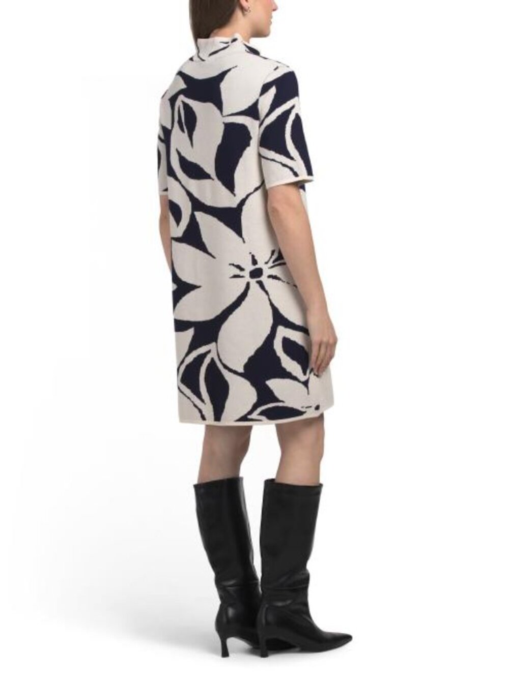 LONDON TIMES Abstract Mock Neck Short Sleeve Sweater Mini Dress - Picture 2 of 4